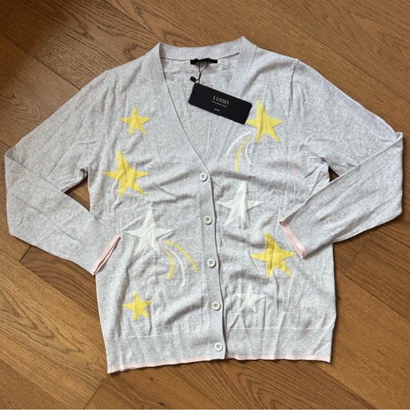 Lusso Sweaters - Lusso Cotton-Cashmere Blend Cardigan - Gray, Yellow & White - Size L - NWT